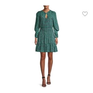NWT Rebecca Taylor Green & Black Floral Smocked Waist Dress Long Sleeve
